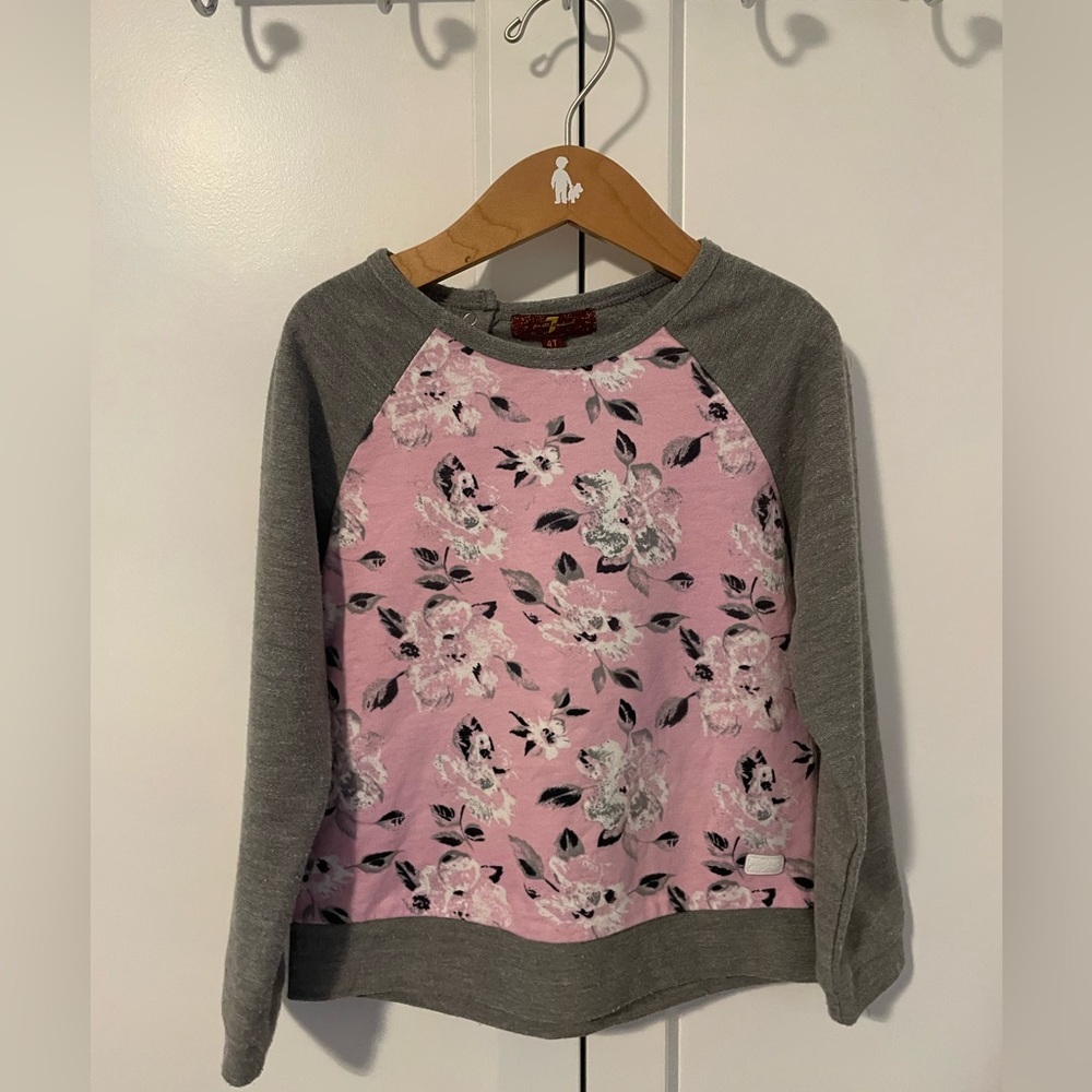 7 FOR ALL MANKIND Jumper Pullover Sweater Grey Pink Floral Buttons Girl’s 4T